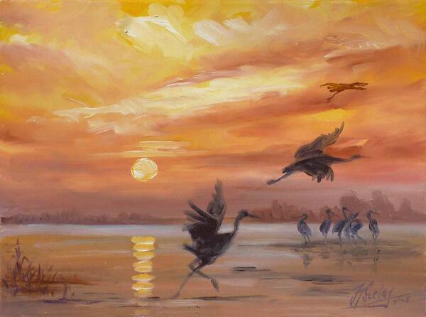 Sunset Poster featuring the painting Cranes - golden sunset by Irek Szelag
