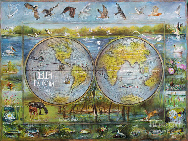 Danube Delta Poster featuring the painting Danube Delta Map.Delta Map painted on leather. Original map.One of a kind map. by Vali Irina Ciobanu