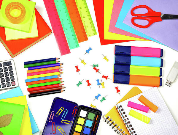 Accessories Poster featuring the photograph Different school supplies by Anna Om
