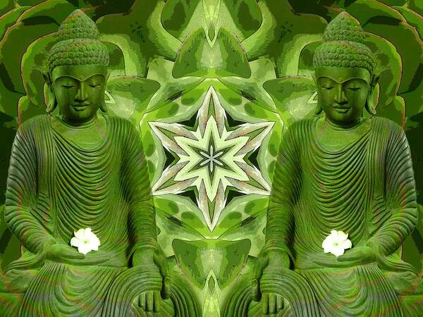 Buddhas Poster featuring the digital art Double Green Buddhas by Diane Lynn Hix