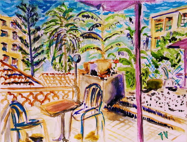 Original France French Riviera Cote D'azur Mediterranean Sea Garden Flowers White Red Impressionism Europe City Historical Sky Urban Tourism View Panorama Vacation Streets Town Buildings Hotel Chair Table Poster featuring the painting Dozy afternoon in garden, French Riviera by Tamara Vitsenkova