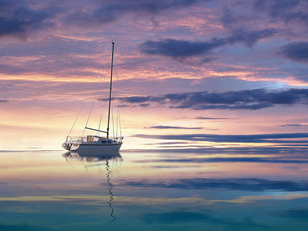 Ocean Sunset Poster featuring the photograph Drifting Yacht At Sunset by Gill Billington