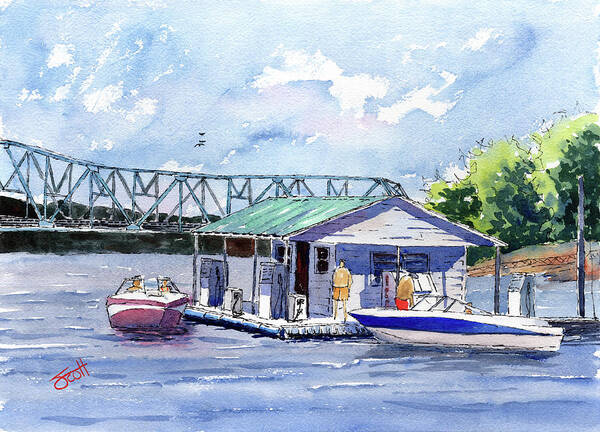 Boat Poster featuring the painting Duncan Bridge Marina by Scott Brown