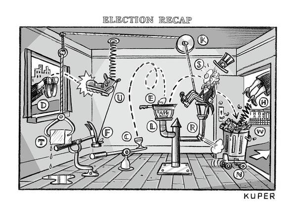 Rube Goldberg Poster featuring the drawing Election Recap by Peter Kuper