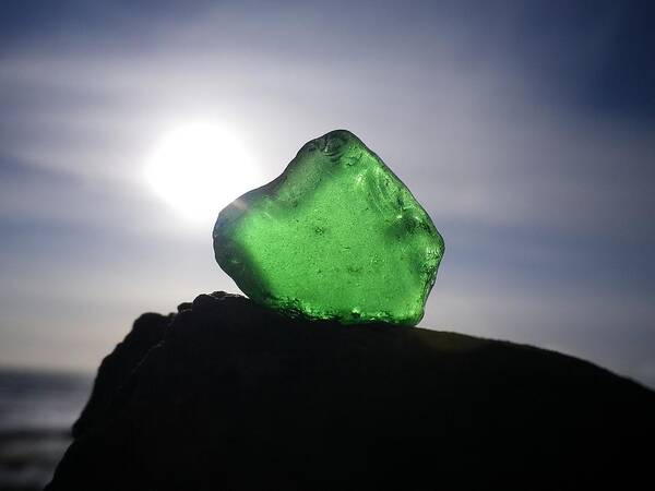 Sea Glass Poster featuring the photograph Emerald Sea Glass On Rock by Richard Brookes
