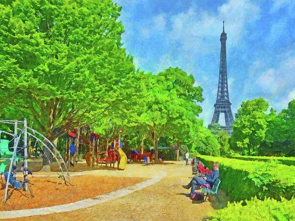 Eiffel Tower Poster featuring the digital art Enjoying the Champ de Mars near the Eiffel Tower by Digital Photographic Arts