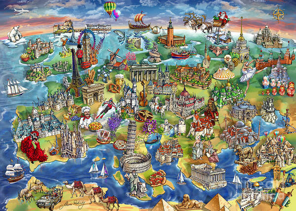 Europe Poster featuring the painting European World Wonders Illustrated Map by Maria Rabinky