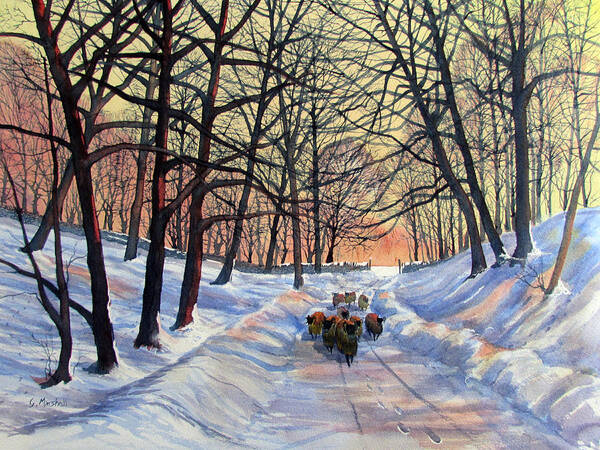 Glenn Marshall Yorkshire Artist Poster featuring the painting Evening Glow on a Winter Lane by Glenn Marshall