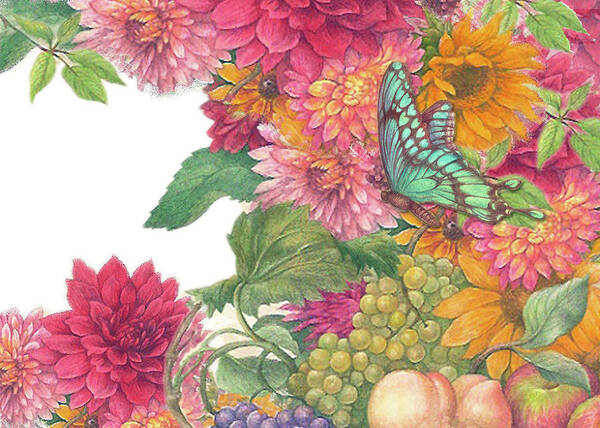Sunflower Poster featuring the painting Fall Florals with illustrated butterfly by Judith Cheng
