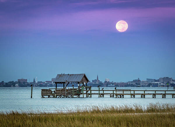 Full Moon Poster featuring the photograph Fall Moon and King Tide - Charleston SC by Donnie Whitaker