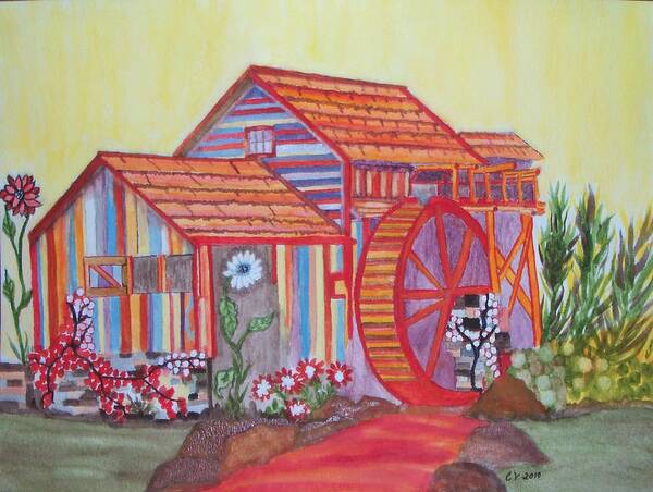 Orange Painting Poster featuring the painting Fanasty Waterwheel by Connie Valasco