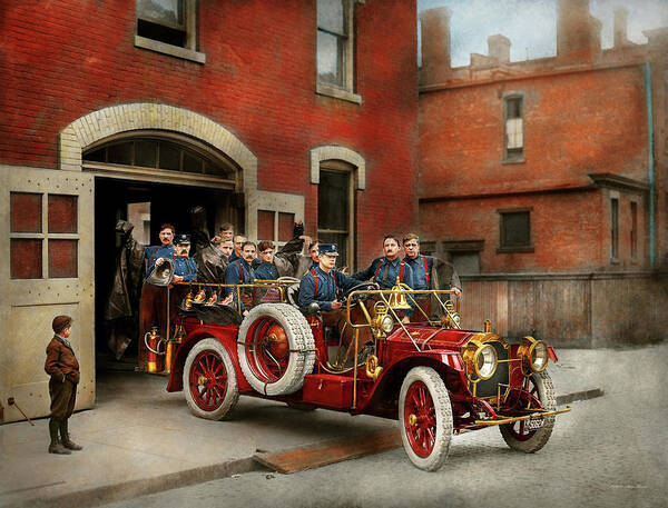 Firefighter Art Poster featuring the photograph Fire Truck - The flying squadron 1911 by Mike Savad