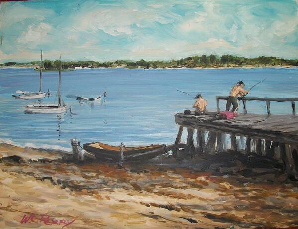 Coastal Scene Poster featuring the painting Fishing off the docks at Point Judith R.I. by Perry's Fine Art