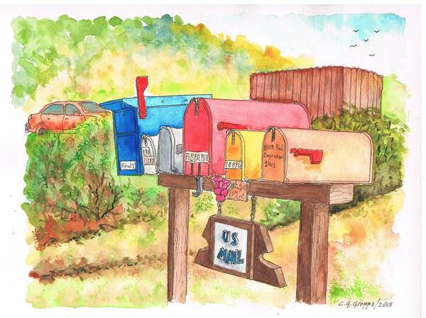 Nature Poster featuring the painting Five mail boxes in Route 1, San Simeon, California by Carlos G Groppa