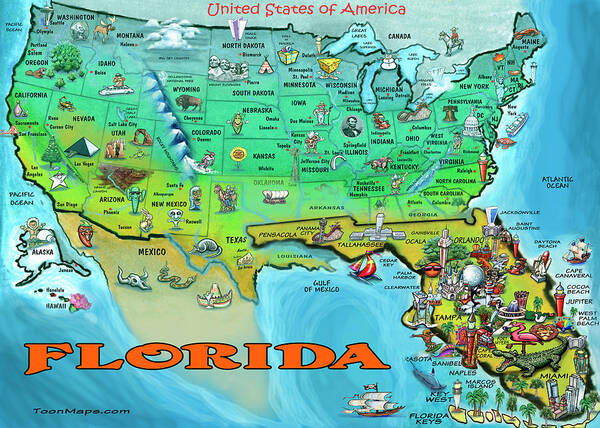 Florida Poster featuring the painting Florida USA Cartoon Map by Kevin Middleton