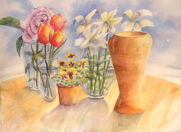 Watercolor Poster featuring the painting Flowers and Terra Cotta by Debbie Lewis