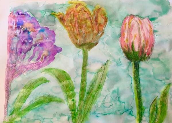 Watercolor Print Poster featuring the painting Tulips a'bloom by Dottie Visker