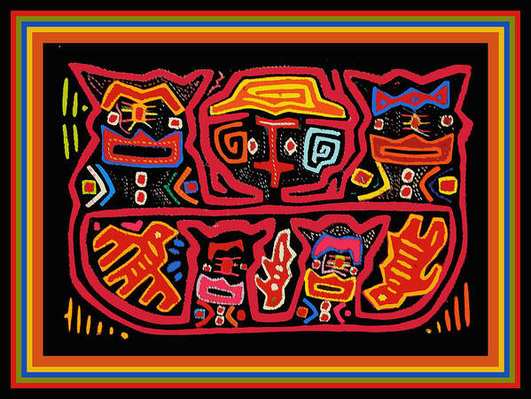 Mola Design Poster featuring the digital art Four Cats Three Birds by Vagabond Folk Art - Virginia Vivier