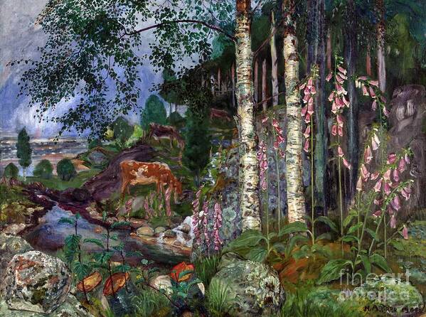 Nikolai Astrup Poster featuring the painting Foxgloves, ca 1918 by O Vaering by Nikolai Astrup