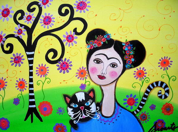 Prisarts Poster featuring the painting Frida With Her Cat by Pristine Cartera Turkus