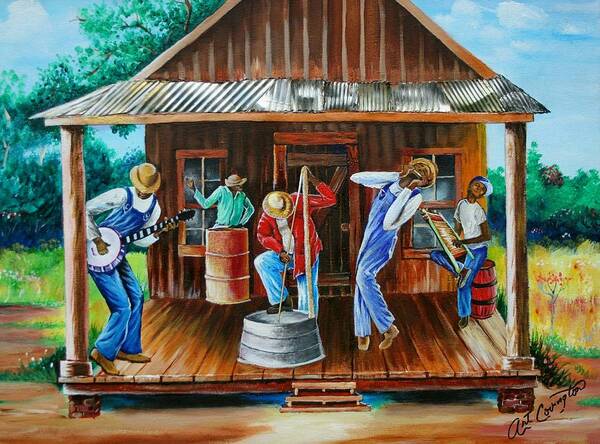  Black Poster featuring the painting Front Porch Jamming by Arthur Covington