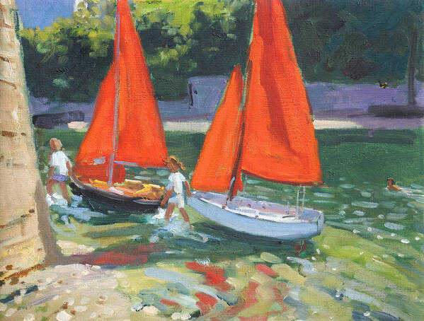 Sail Poster featuring the painting Girls with sail boats Looe by Andrew Macara