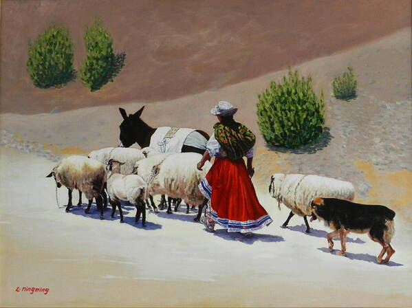 Animals And Figure Poster featuring the painting Going home, Peru Impression by Ningning Li