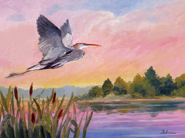 Sunset Poster featuring the painting Great Blue Heron at Dawn by Janet Zeh