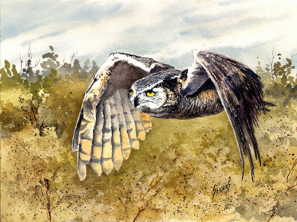 Owl Poster featuring the painting Great Horned Owl in Flight by Sam Sidders