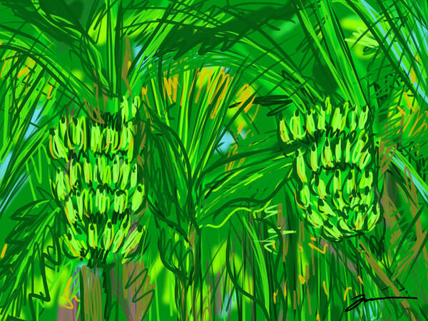 Green Poster featuring the digital art Green Bananas by Jean Pacheco Ravinski