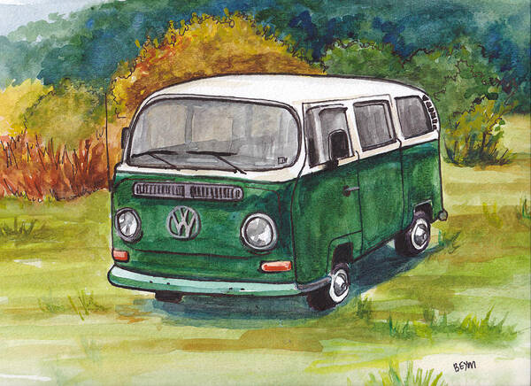 Vw Poster featuring the painting Green VW Bus by Clara Sue Beym
