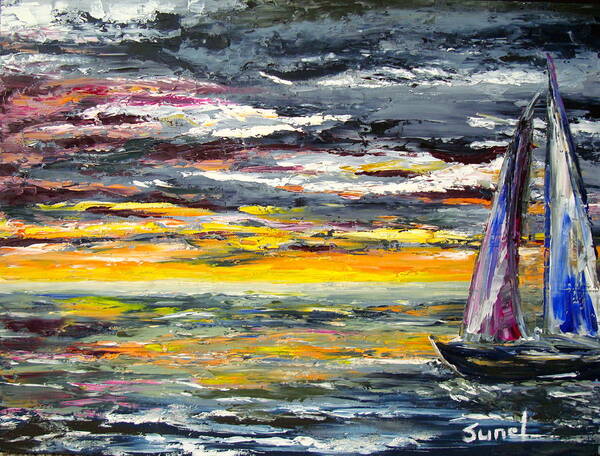 Sailboat Poster featuring the painting Grey skies by Sunel De Lange