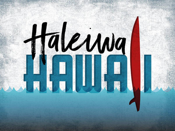 Haleiwa Poster featuring the digital art Haleiwa Red Surfboard	 by Flo Karp