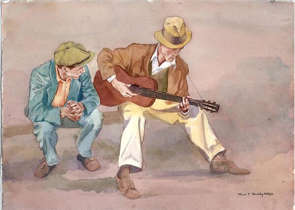 Vintage Look Poster featuring the painting He can sure play that guitar by Mimi Boothby