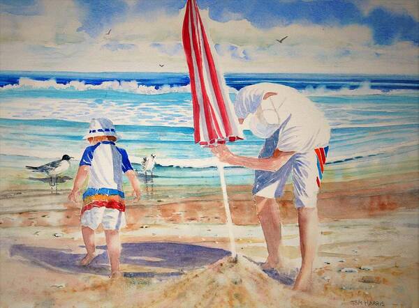 Beach Poster featuring the painting Helping Dad Set Up the Camp by Tom Harris