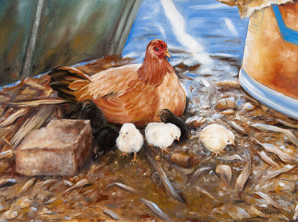 Chicken Poster featuring the painting Hen and Biddies by Rick McKinney