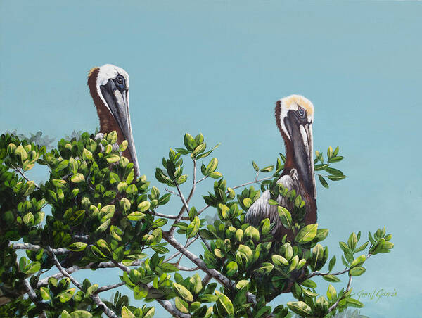 Pelican Poster featuring the painting Watching the Bay by Joan Garcia