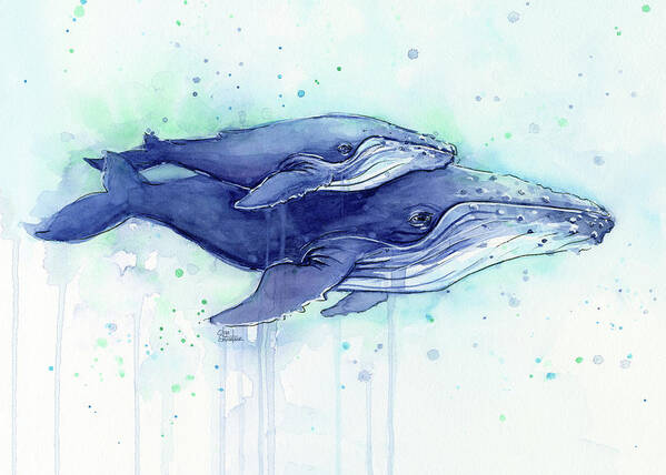 Whale Poster featuring the painting Humpback Whales Mom and Baby Watercolor Painting - Facing Right by Olga Shvartsur