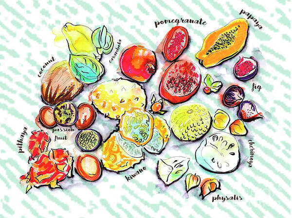 Kitchen Poster featuring the drawing Illustration Of Exotic Fruits by Ariadna De Raadt