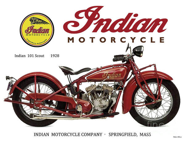 Indian 101 Scout Poster featuring the mixed media Indian 101 Scout, 1928, motorcycle sign, vintage, original art by Thomas Pollart