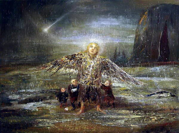 Angel Poster featuring the painting Kids Guiding The Angel by Mikhail Savchenko