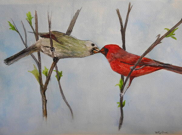 Northern Cardinals Poster featuring the painting Kissing Cardinals by Betty-Anne McDonald