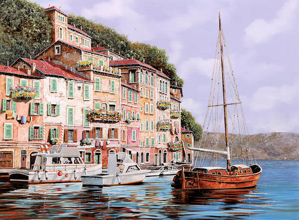Landscape Poster featuring the painting la barca rossa a Portofino by Guido Borelli
