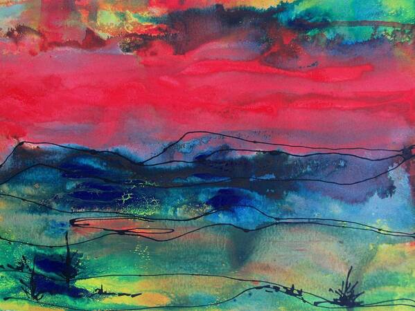 Abstract Poster featuring the painting Landscape with Red Sky by Louise Adams