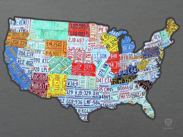 License Plate Map Poster featuring the mixed media License Plate Map of the United States Edition 2016 on Steel Background by Design Turnpike