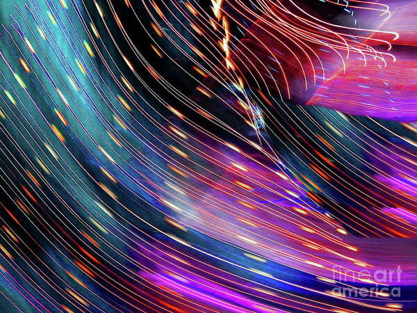 Light Beads Traveling Along Lit Strands Accompanied By Sheets Of Morphing Colors.accented By Darker Contrasting Areas Poster featuring the photograph Light harp melody by Priscilla Batzell Expressionist Art Studio Gallery