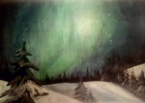 Winter Snow Aurora Lights Poster featuring the painting Lights by Carole Hutchison