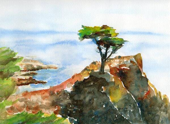 Lone Cypress Poster featuring the painting Lone Cypress Pebble Beach Fog by Carlin Blahnik CarlinArtWatercolor