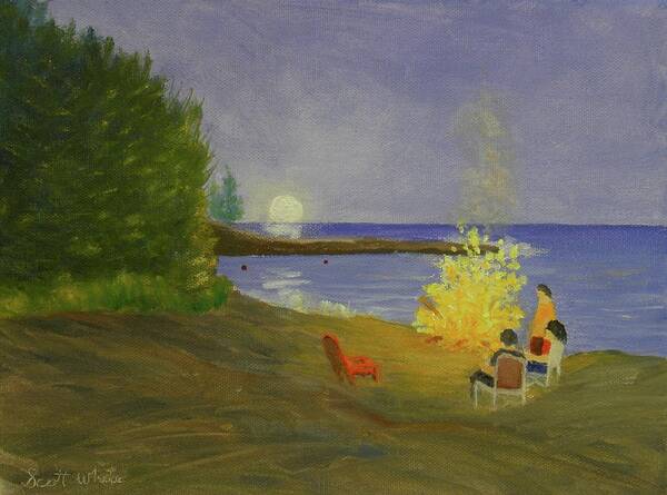 Fire Moon Sea Ocean Seascape Landscape Poster featuring the painting Long Cove Bonfire by Scott W White