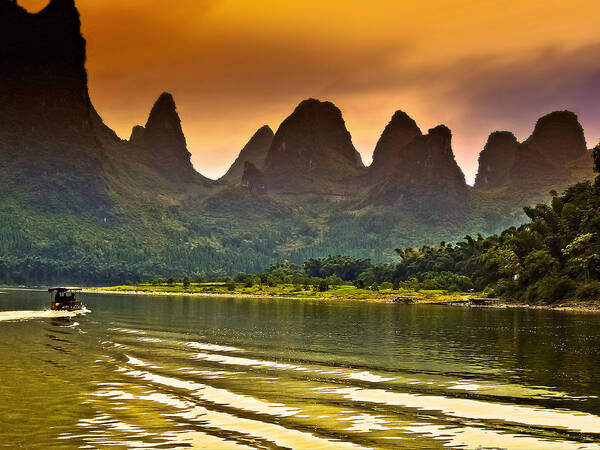 Sunset Poster featuring the photograph Long wave seems brush-China Guilin scenery Lijiang River in Yangshuo by Artto Pan
